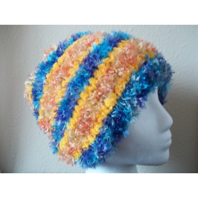 Hand knitted fuzzy striped bulky beanie/hat  yellow/blue  eb-68886248